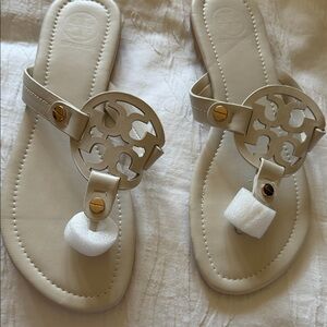 Tory Burch Cream Logo Toe-Post Sandals with Gold Accents
